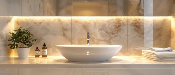 Wall Mural - Modern bathroom interior with sink and mirror. Elegant marble bathroom featuring a sink and lit wall mirror