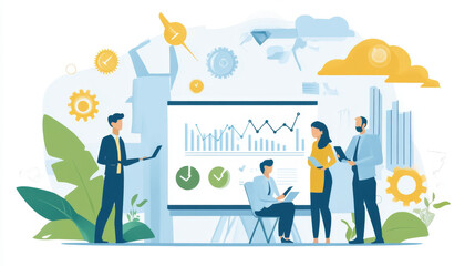 Wall Mural - Corporate carbon footprint audit, with employees reviewing energy usage data and planning initiatives to reduce emissions