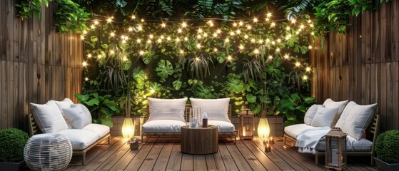 Wall Mural - Modern contemporary style small wooden terrace with garden view 3d render, there are plank floor green wall fence decorated with white fabric furniture and string light