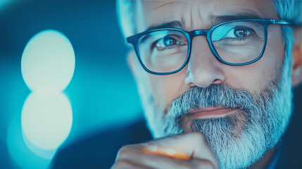 Wall Mural - Close-up portrait of a man in glasses looking intently.