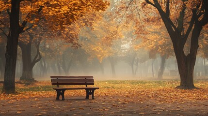 Canvas Print - Illustrate a single, old bench in an empty, leaf-strewn park surrounded by misty, autumnal trees, creating a mood of loneliness and peaceful solitude.