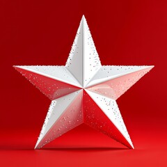 Glossy white Christmas star with a sparkling effect, placed on a red background, designed in a three-dimensional, minimalistic style