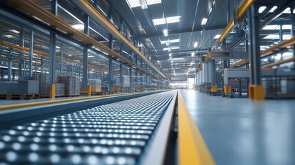 In a large-scale manufacturing plant, conveyor belts transport raw materials to various production stations. 