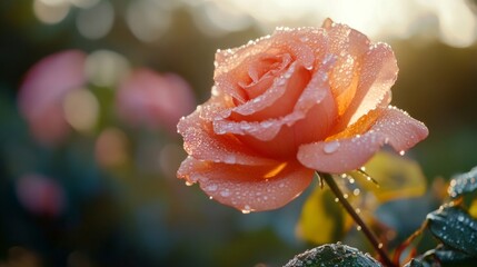 Poster - A delicate rose with dew drops gently resting on its petals, captured in a natural outdoor setting with morning light