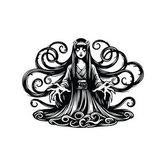 ghost lady horror with victorian flourish decoration in black and white illustrations, cutout graphic