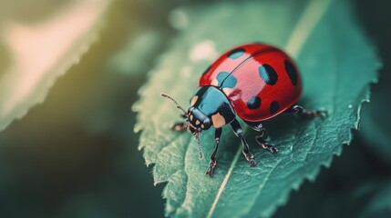 Poster - A detailed close-up of a ladybug on a green leaf, highlighting its bright red shell and black spots against a blurred background.