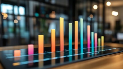 Leinwandbilder - A digital bar chart showing financial performance over time, with bars in various colors representing different metrics, set against a modern office background
