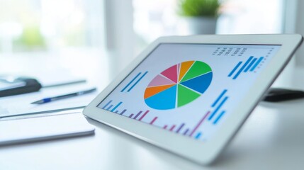 Fototapete - A digital tablet displaying a detailed financial pie chart with various colored segments, set against a clean, minimalist workspace