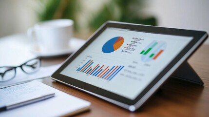 Fototapete - A digital tablet displaying a detailed financial pie chart with various colored segments, set against a clean, minimalist workspace