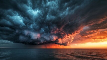 Poster - A dramatic sunset obscured by an approaching storm, with dark, heavy clouds dominating the sky and casting a moody, atmospheric light.