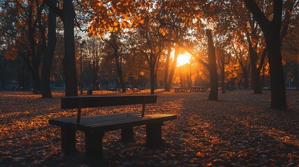 Sticker - A serene park scene during sunset, with a bench surrounded by autumn leaves and trees.