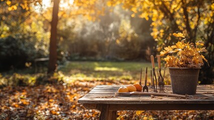 Wall Mural - Show a serene garden scene with a set of autumn gardening tools neatly arranged on a rustic table, surrounded by a meadow of fallen leaves and a peaceful forest.