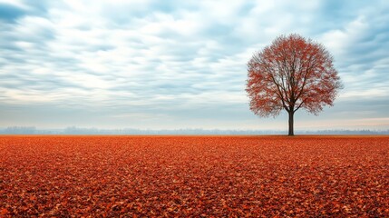 Wall Mural - Show a single, leafless tree standing in an empty field covered with a blanket of autumn leaves, conveying a feeling of loneliness in a vast landscape.