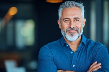 Smiling middle-aged man with gray hair and beard in a blue shirt.