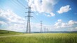 © Adi - High voltage lines and power pylons in a flat and green agricultural landscape on a sunny day with clouds in the blue sky. Cloudy and rainy. Wheat is growing