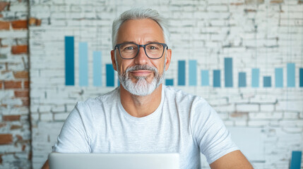 Wall Mural - A smiling man in glasses looks at the camera, sitting in front of a computer.