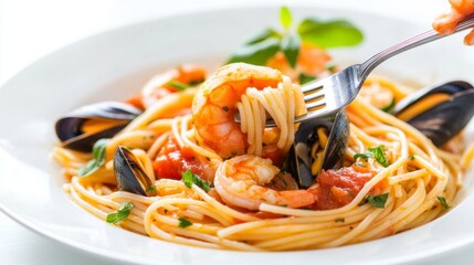 A fork twirling spaghetti with seafood, including shrimp and mussels, in a rich tomato sauce on a white plate with a simple white backdrop.