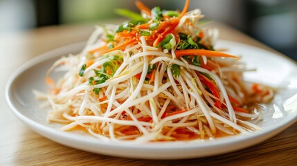 A fresh bean sprout salad with mung bean sprouts, shredded vegetables, and a tangy dressing, presented on a white plate with vibrant colors.