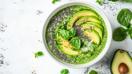 A green smoothie bowl topped with slices of avocado, spinach, and fresh herbs, set on a white table with a minimalistic background.