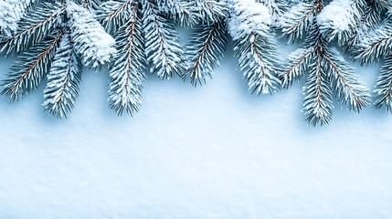 Wall Mural - Snow-covered pine branches on a snowy background, creating a serene winter atmosphere.