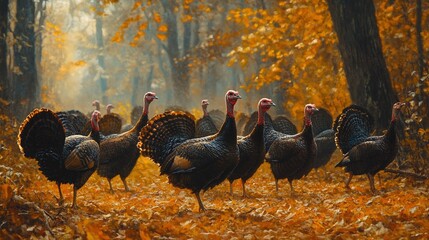 Wall Mural - flock of turkeys walking gracefully through the tranquil autumn forest, highlighting the majestic beauty of wildlife in nature