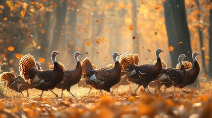 Wall Mural - turkeys in majestic stride through the autumn forest, surrounded by the enchanting scenery of colorful leaves and tranquil wildlife