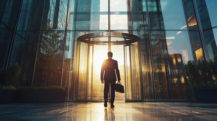 Businessman with a briefcase entering a corporate building