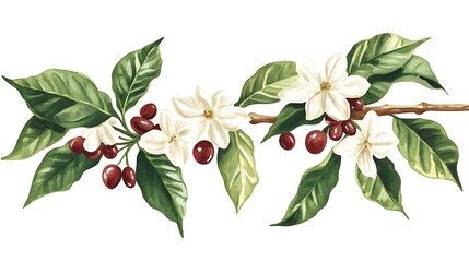 Poster - A botanical illustration featuring coffee flowers and berries on a branch.