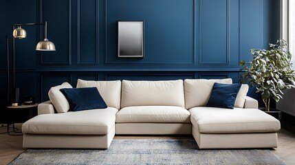 Poster - A stylish living room featuring a modern cream sofa against a deep blue wall, complemented by a plant and lamp.