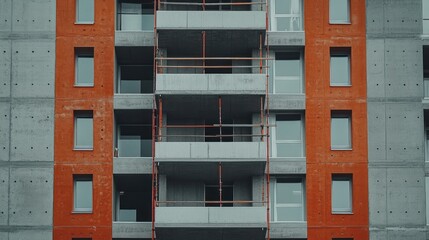 Wall Mural - A modern apartment building with orange and concrete facades under construction.