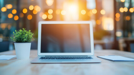 Wall Mural - Laptop on a table with a plant and a notebook