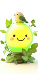 Sticker - A cheerful light bulb with a smiling face and a small bird perched on top, surrounded by leaves.