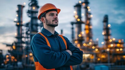 Wall Mural - oil refinery worker standing with arms crossed at petrochemical plant