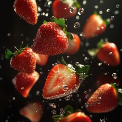 Poster - Fresh strawberries splashing in water, showcasing their vibrant colors and textures.