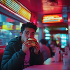 Wall Mural - A young man enjoys a burger in a vibrant diner with neon lights.