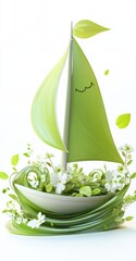 Sticker - A whimsical green sailboat surrounded by plants and flowers, symbolizing nature and tranquility.