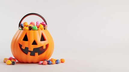 Canvas Print - A festive orange pumpkin bucket filled with colorful candies for Halloween celebrations.