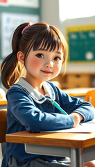 Portrait of cute schoolgirl sitting at desk and writing. Student girl in classroom at the elementary school isolated with white highlights, png