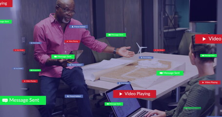 Poster - Image of social media notifications over diverse architects discussing at casual office