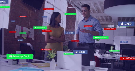 Poster - Image of social media icons with texts over diverse colleagues discussing work in office
