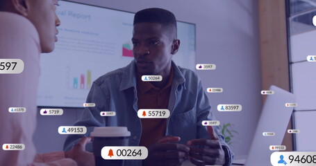 Poster - Image of social media icons with numbers over diverse colleagues discussing work in office