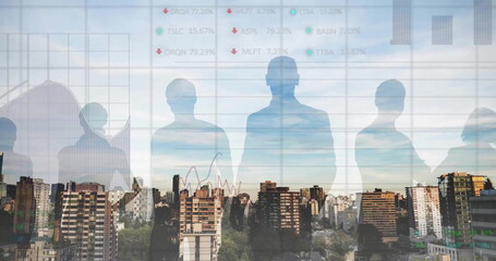 Poster - Image of financial data processing and business people over city