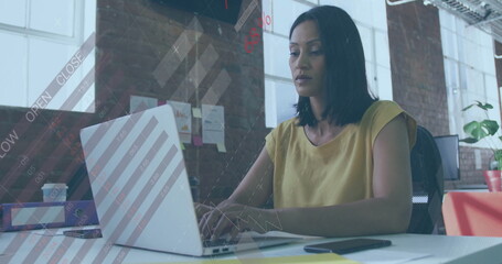 Poster - Image of financial data processing over biracial businesswoman in office