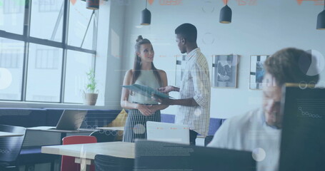 Canvas Print - Image of financial data processing over diverse business people in office