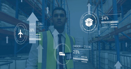 Poster - Image of digital data processing over biracial man working in warehouse