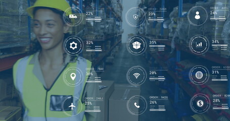 Poster - Image of digital data processing over biracial man working in warehouse