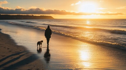 A person walks a dog along a beach at sunset, creating a serene and peaceful atmosphere.