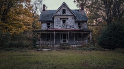 Sticker - A dilapidated house surrounded by overgrown vegetation in a serene, autumn landscape.