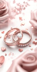 Two elegant rose gold wedding rings surrounded by rose petals and hearts, symbolizing love.