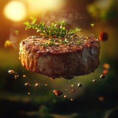 Sticker - A floating, perfectly cooked steak garnished with herbs, surrounded by a dreamy atmosphere.